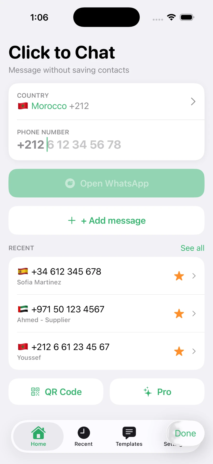 Click to Chat on iPhone: a country selector set to Morocco +212, a phone number field, and the Open WhatsApp button above recent numbers