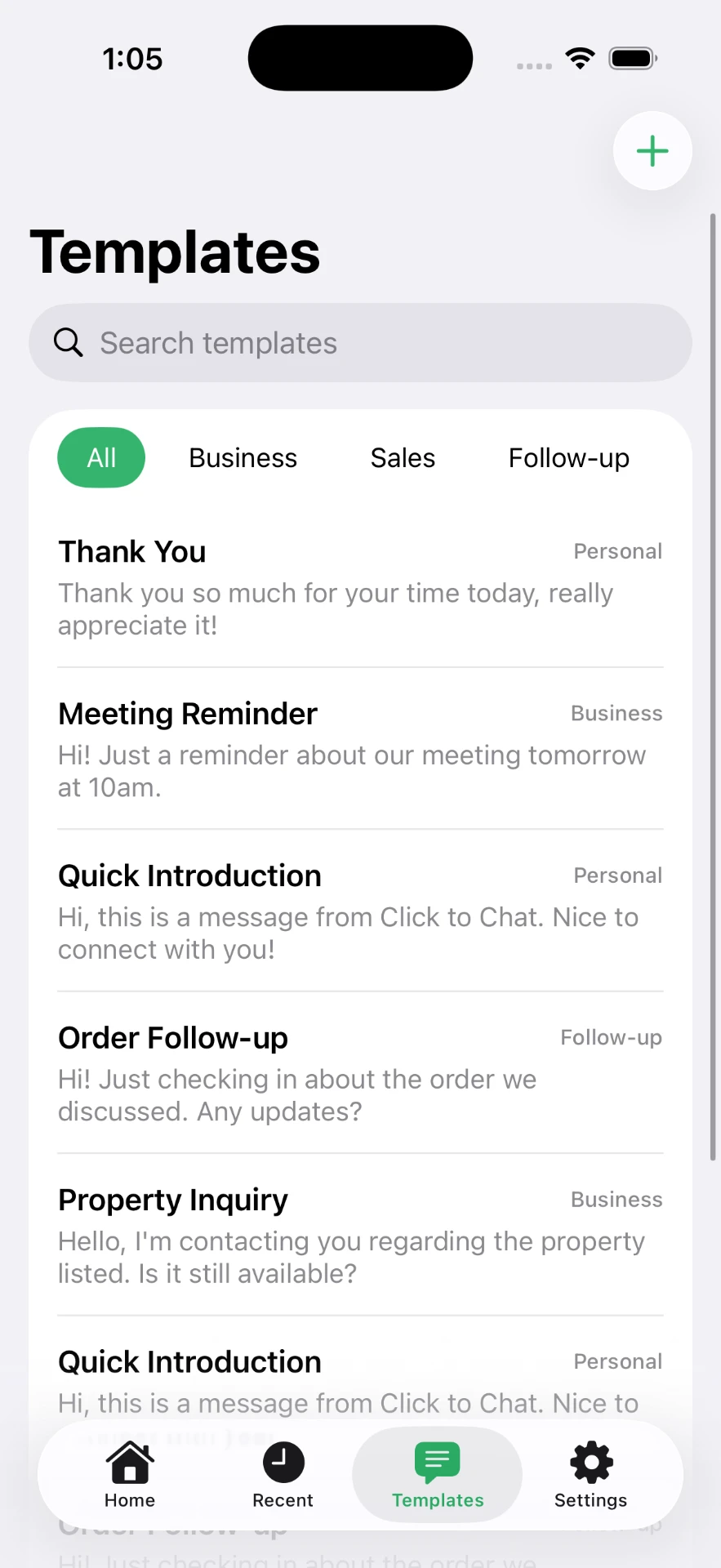 Templates screen in Click to Chat with categories All, Business, Sales and Follow-up